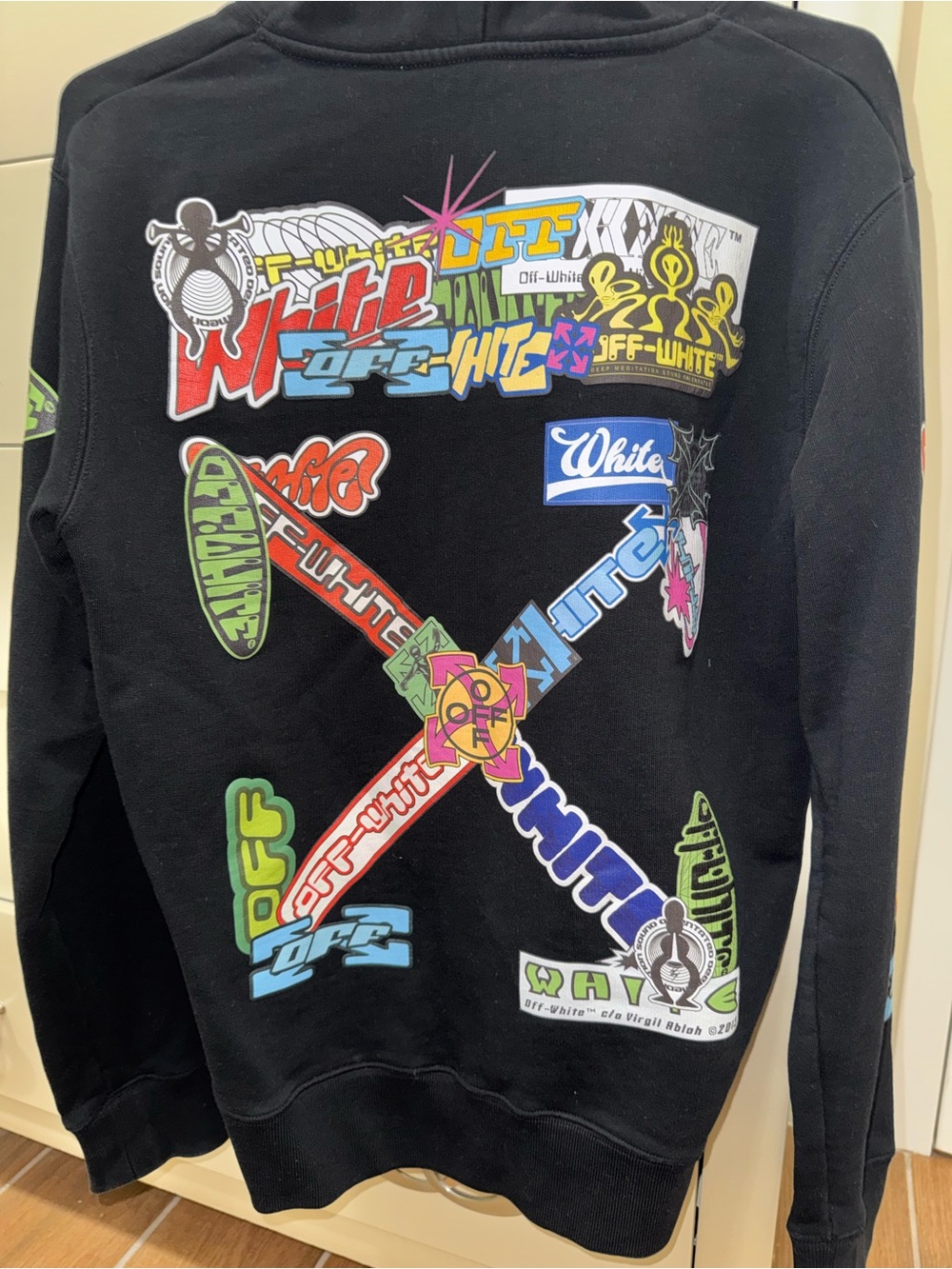 Off-White Black Multicolor Sticker-Graphic Crewneck Sweater